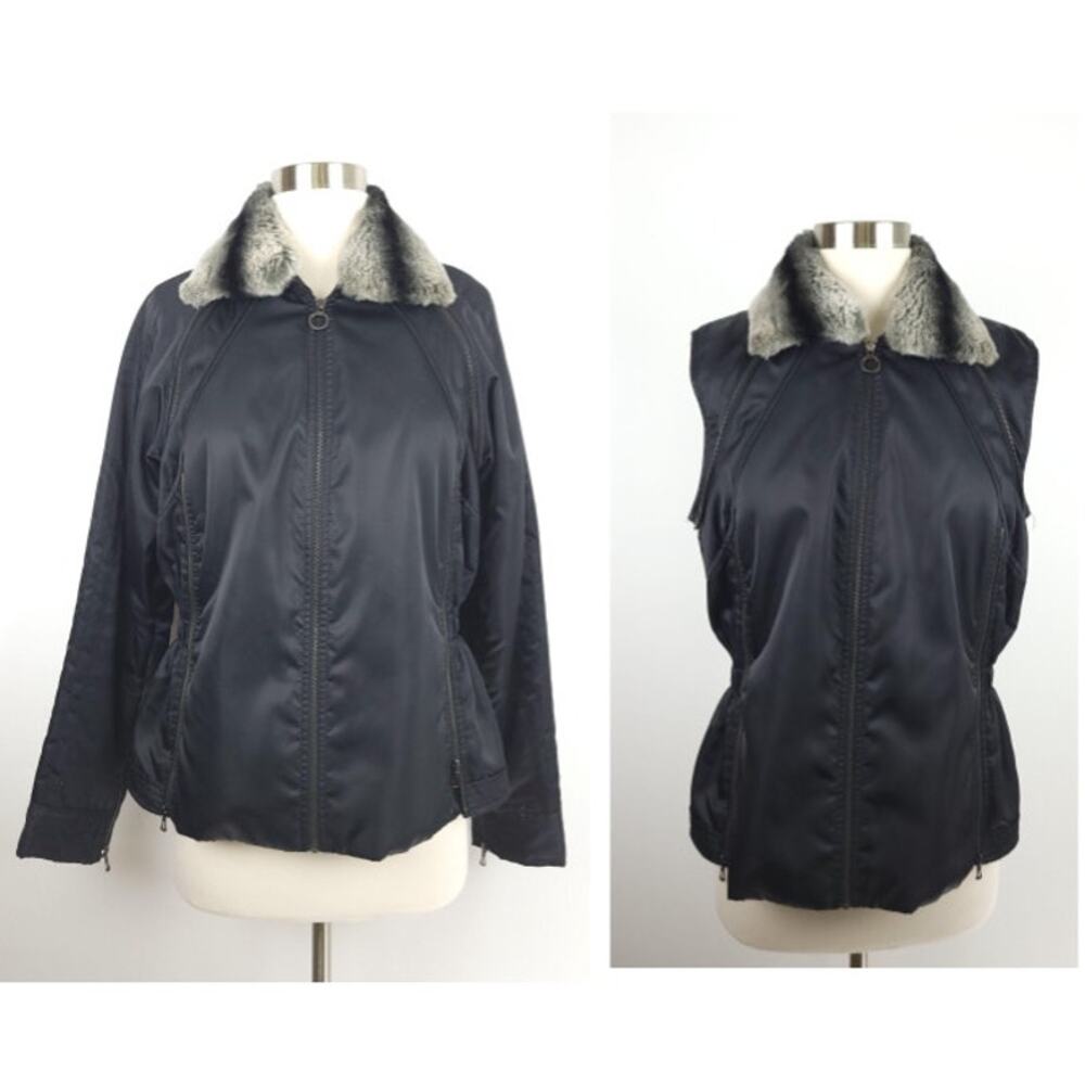 Etcetera Black Nylon Bomber Jacket Vest with Rabbit Fur Trim Collar Size 8